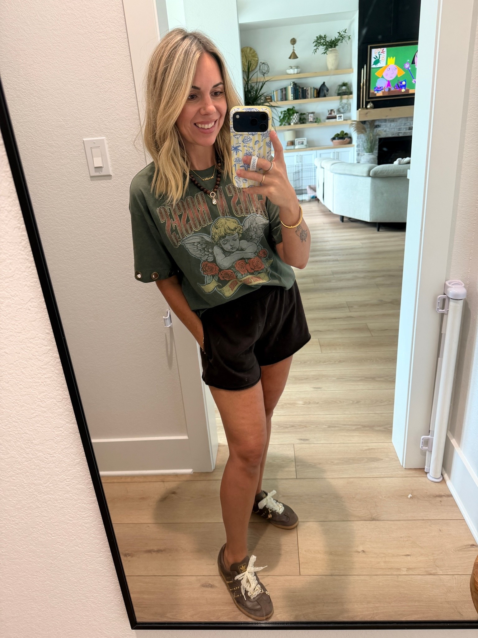 Wearing me true size small in both. I size down half a size in sambas.

#LTKmomlife #LTKootd
