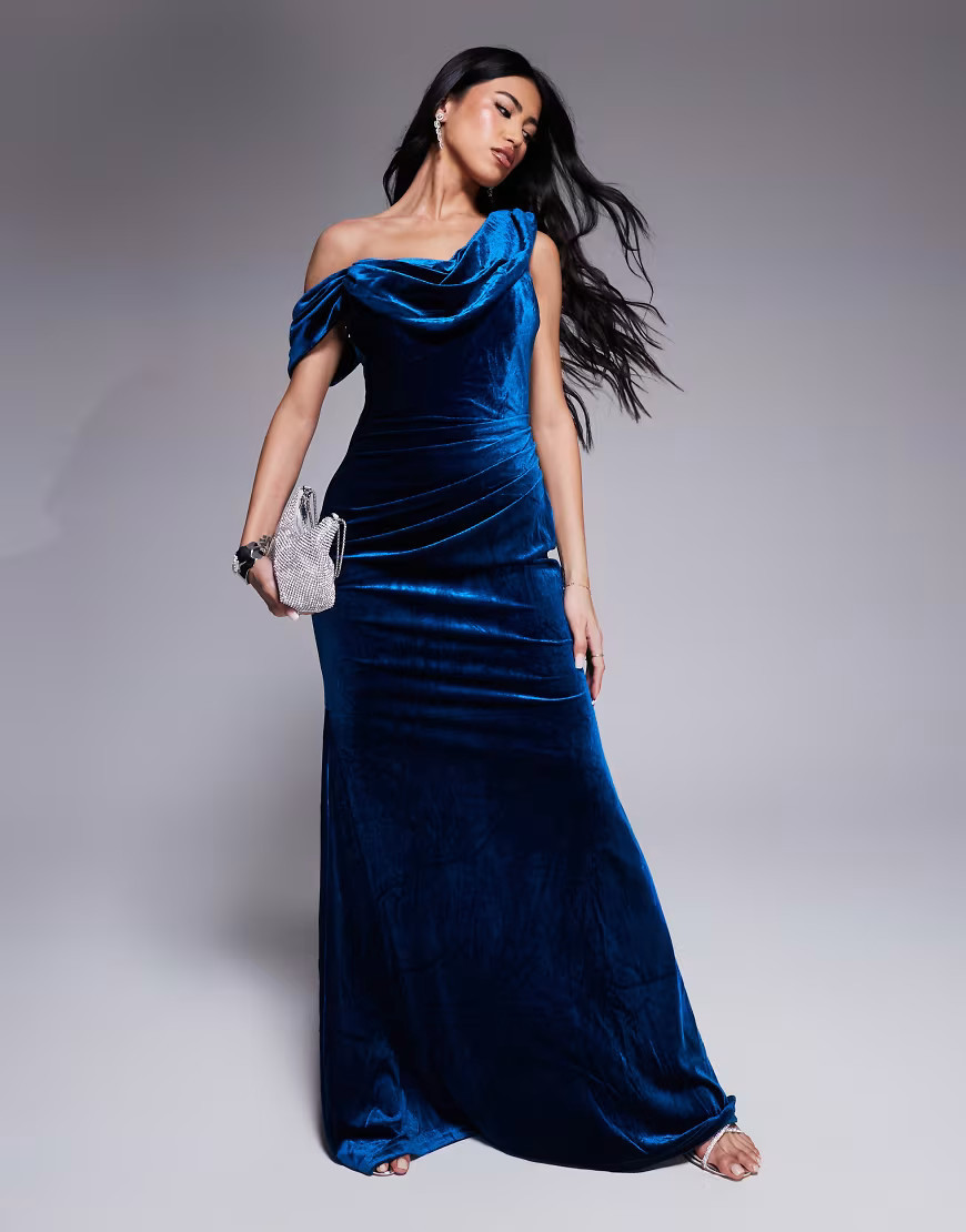 Goddiva Cowl one shoulder velvet maxi dress in teal-Blue | ASOS (Global)