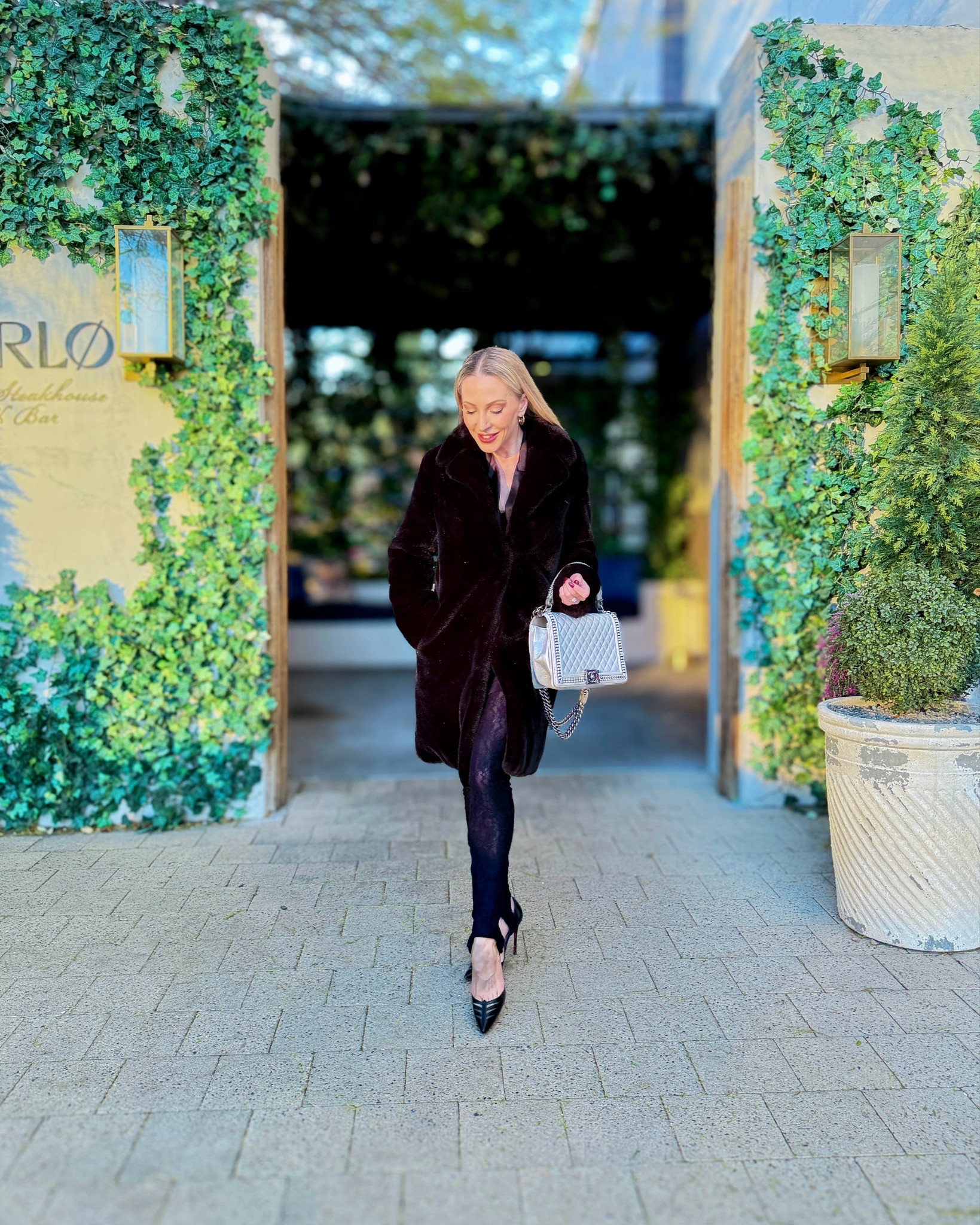 How to style lace leggings / lace tights / stirrup leggings winter outfit inspo. Black lace leggings can be hard to style so I styled mine with a blazer dress so it didn’t look like I forgot my pants, black stiletto heels, a long black faux fur coat and silver Chanel bag. 

#LTKOver40 #LTKSeasonal #LTKootd