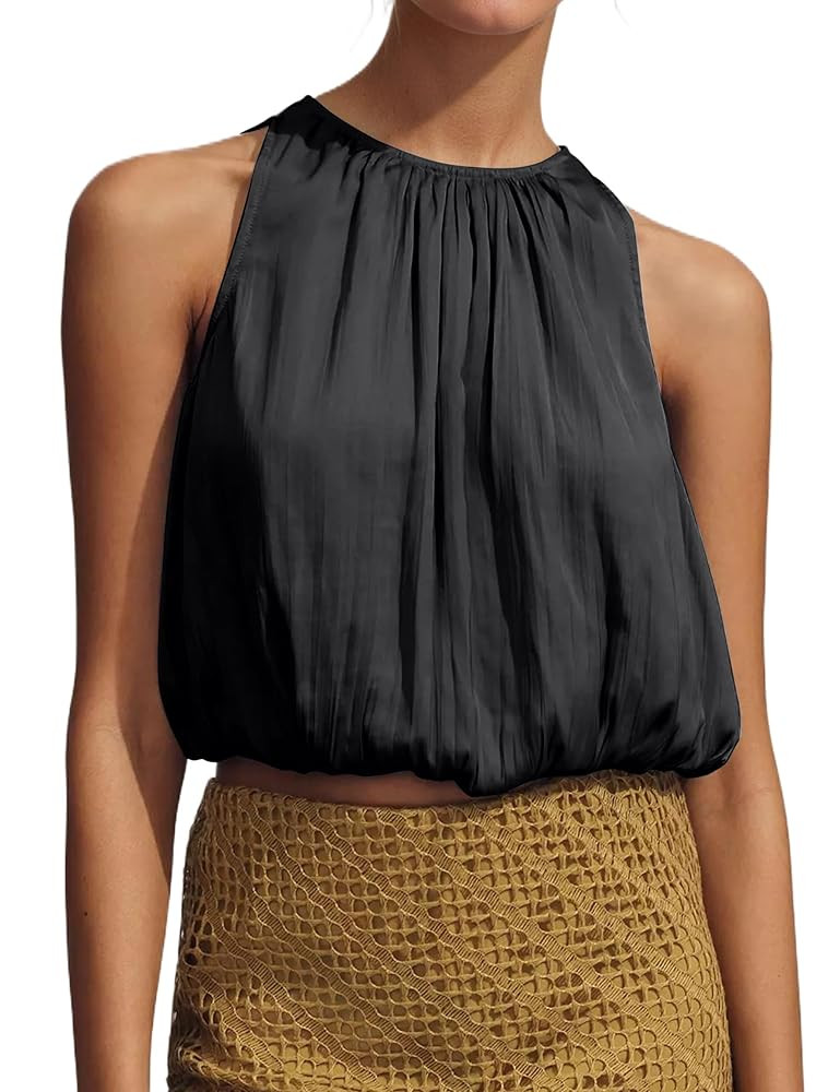 MISSACTIVER Halter Crop Bubble Top for Women Crew Neck Sleeveless Racerback Solid Color Puffy Hem... | Amazon (US)
