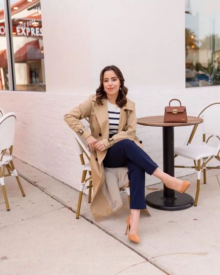 Here's an office outfit idea: navy pants, a striped sweater, and a trench coat! 

#businesscasual #fashionfinds #petitefashion #workwear

#LTKfit #LTKstyletip #LTKFind