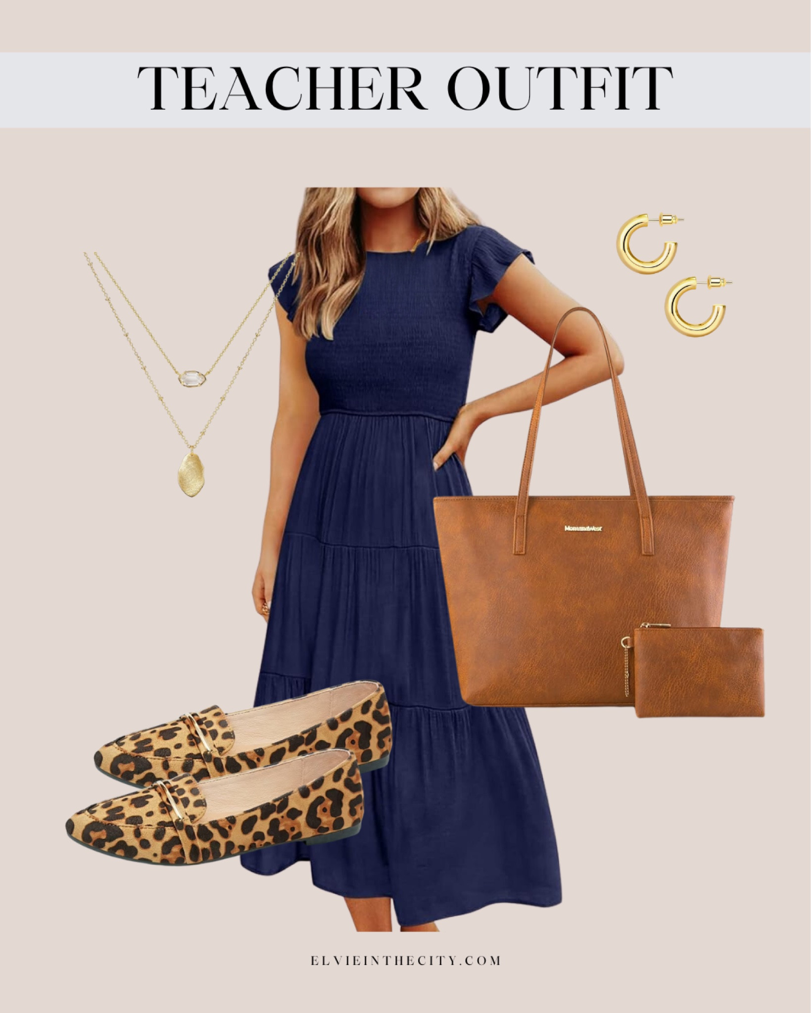 This teacher outfit inspiration includes a flutter sleeve midi dress paired with a camel colored tote, pointy toe leopard print loafers, a layered gold necklace, and gold hoop earrings.

Teacher outfit inspiration, summer outfit, fashion over 40

#LTKStyleTip #LTKFindsUnder50 #LTKShoeCrush