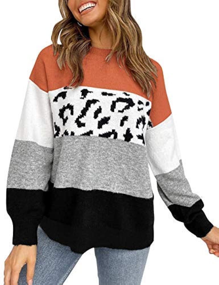 ZESICA Women's Striped Leopard Printed Long Sleeve Color Block Casual Knitted Pullover Sweater Ju... | Amazon (US)