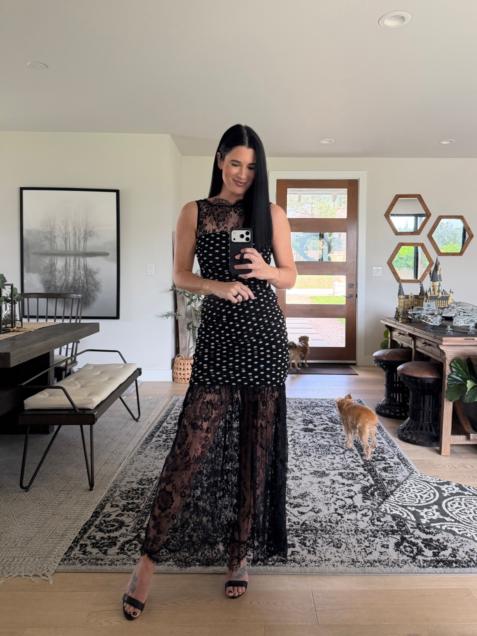 My favorite maxi dress out of my Petal & Pup haul! Obsessed with the polka dots and black lace detailing. I’m wearing a small. 