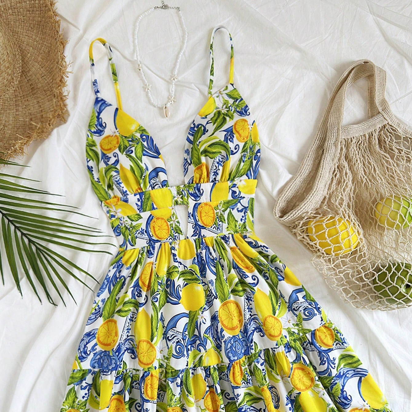 Soleia Women's Vacation Spring Colorful Lemon Print Mini Dress, Valentine's Day Outfit, Summer Outfits, Birthday Dress | SHEIN