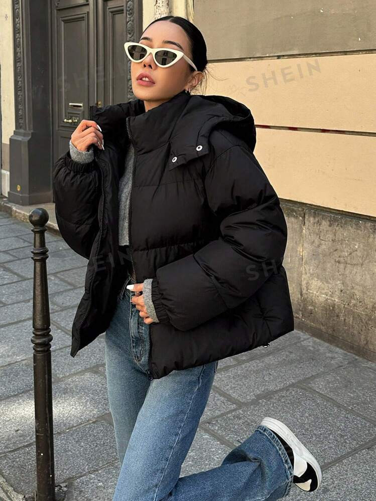 DAZY Solid Zip Up Hooded Puffer  Thick Coat | SHEIN