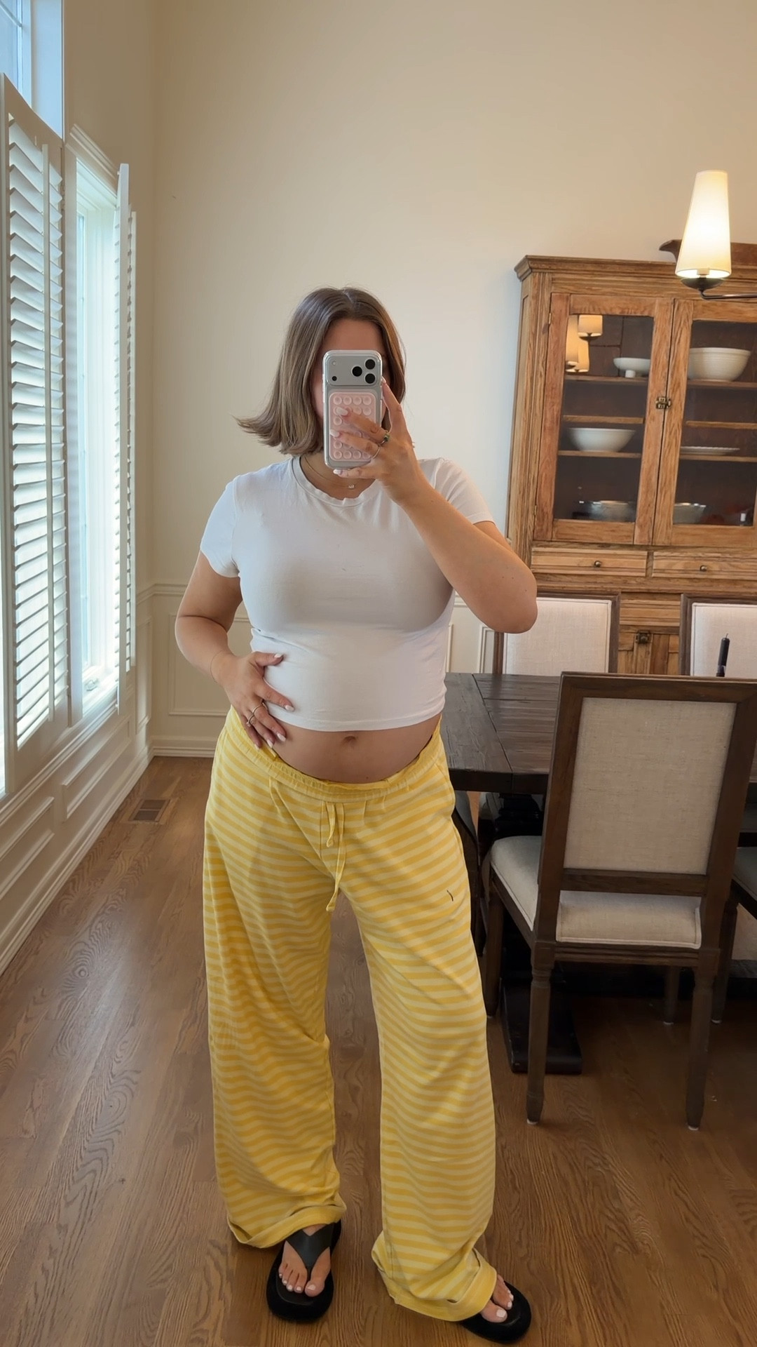 size M/L in daily drills pants I’m 5’ 5” and cuff the pants! Size L Abercrombie tee love these so soft. Target cowboy hat I just bought for a trip this month it’s everything! Flip flops true to size 8 

#loungewear #comfy #stripes #pregnant #cowboyhat #warmweather 