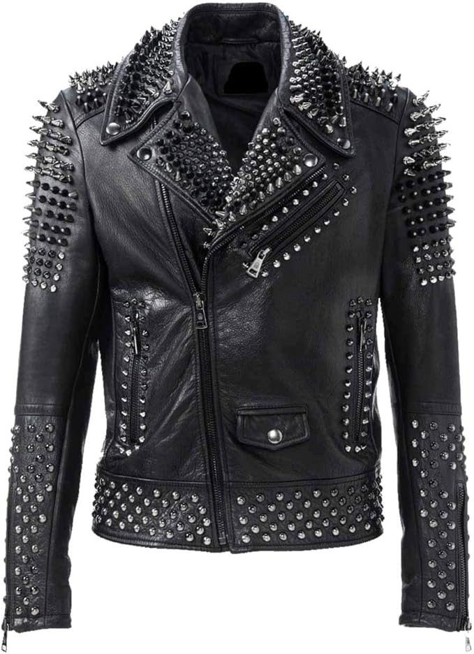 Mens Brando Motorbike Rock Punk Spike Studded Motorcycle Biker Leather Jacket | Amazon (US)