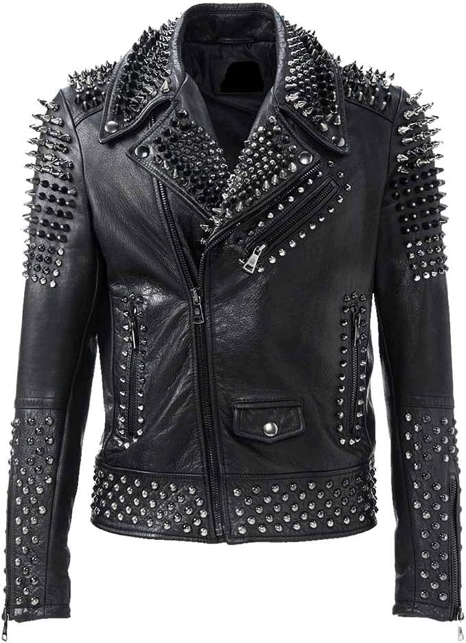 Mens Brando Motorbike Rock Punk Spike Studded Motorcycle Biker Leather Jacket | Amazon (US)