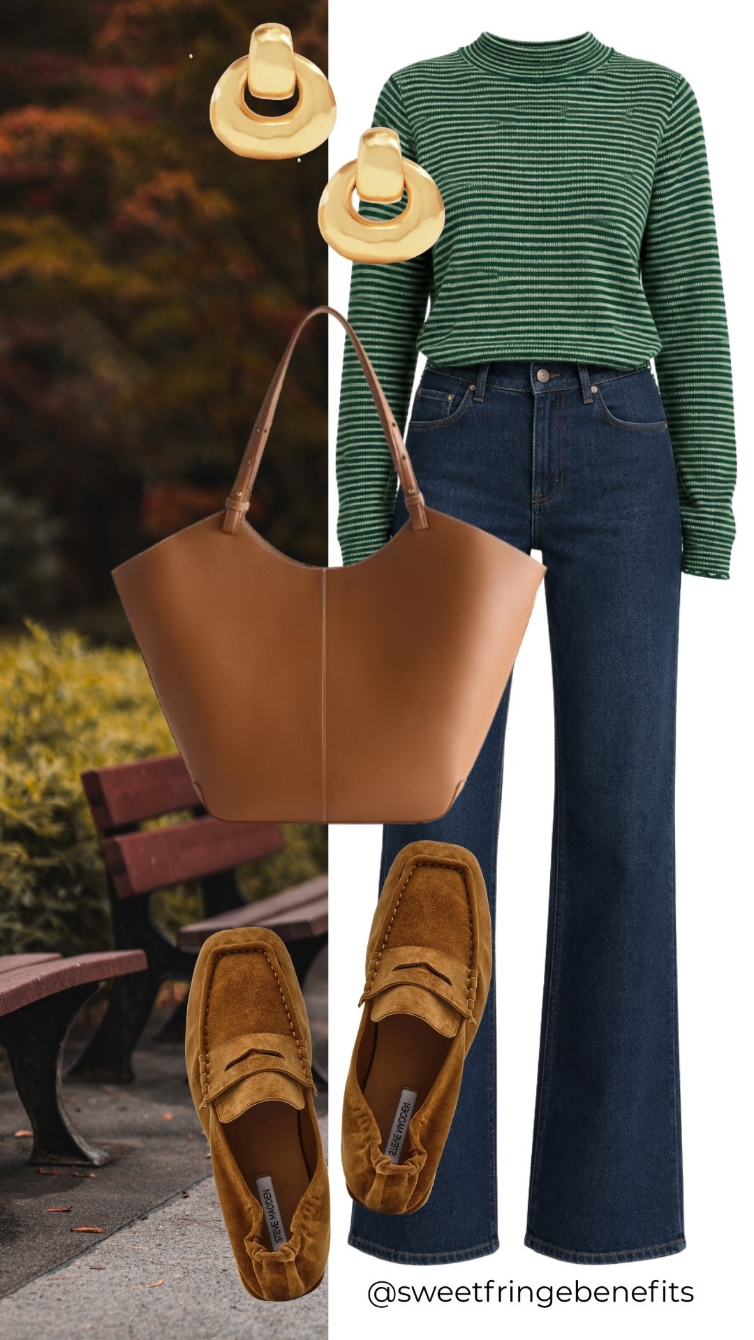 I think green stripes and dark denim are such a good combination for fall! Add those suede loafers and a roomy tote, and you've got an outfit I'd happily wear all weekend.