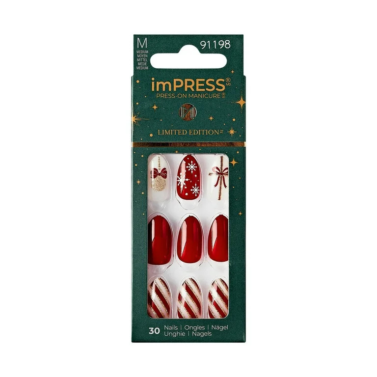 imPRESS Holiday Press-On Nails,White Night, Red, Medium Length, Almond Shape, 30 Ct. | Walmart (US)