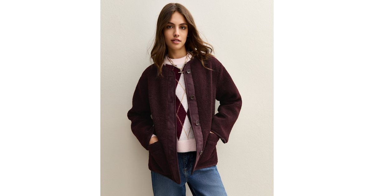 Dark Burgundy Borg Button Through Jacket | New Look | New Look (UK)