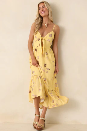 MINKPINK Marisol Yellow Seashell Print Front-Tie Midi Dress | Red Dress