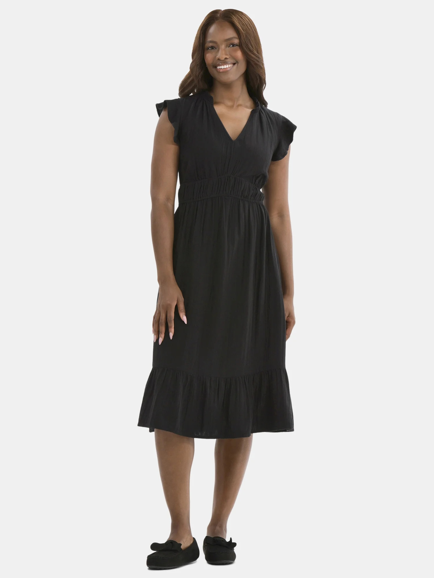 Time and Tru Women's Double Cloth Cotton Midi Dress with Flutter Sleeves, Sizes XS-XXXL - Walmart... | Walmart (US)