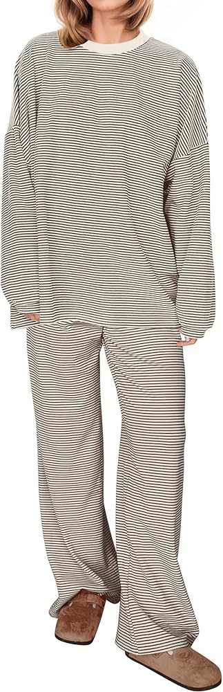 Women Striped 2 Piece Lounge Set Long Sleeve Oversized T Shirts Wide Leg Pants Matching Sets Casu... | Amazon (US)