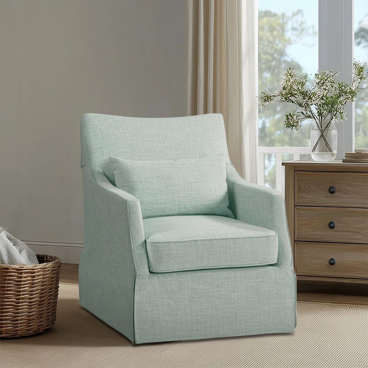 Bedford London Upholstered Skirted Swivel Armchair with Lumbar Pillow | Wayfair North America