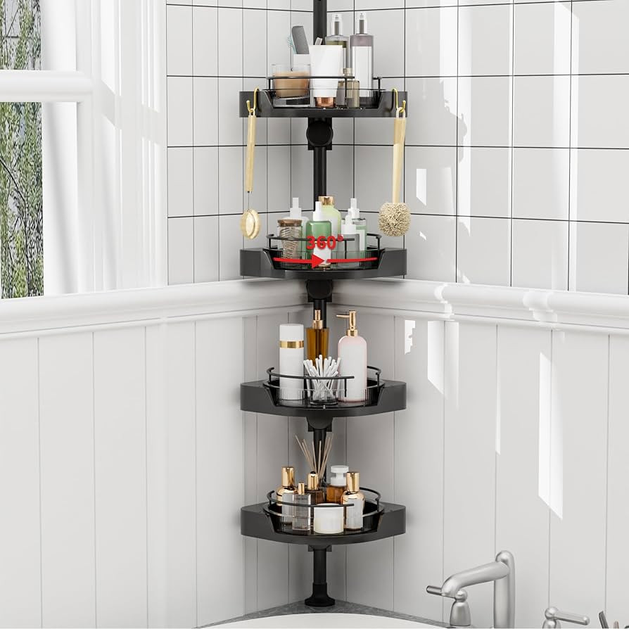 4 Tier Corner Shower Caddy Tension Pole with Hooks, 360° Rotating Rustproof Bathtub Shower Organ... | Amazon (US)