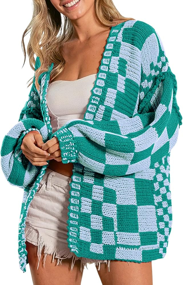 SELINK Women's Cardigan Sweater Vintage Open Front Mixed Checkered Pattern Chunky Knit Plaid Long... | Amazon (US)