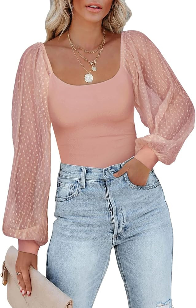 PINKMSTYLE Women's Square Neck Long Sleeve Bodysuit Polka Dots Tops Sheer Basic Jumpsuit Party Sh... | Amazon (US)