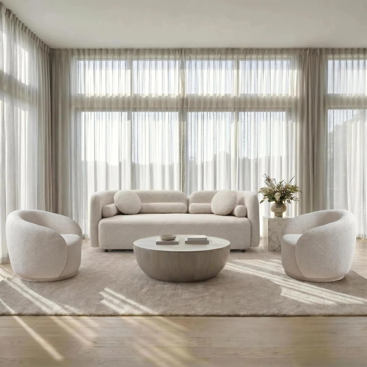 Modern Upholstered Boucle 3-piece Sofa Set, 5-seater With 360\u00b0 Swivel Chairs | Wayfair North America