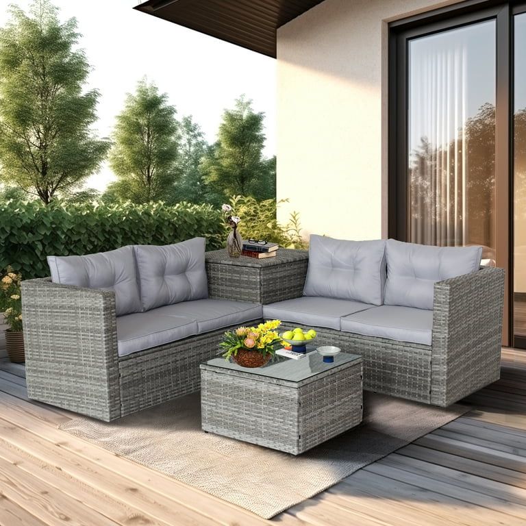 Outdoor Wicker Furniture Sets, 4 Piece Patio Sofa Set with Loveseat Sofa, Storage Box, Tempered G... | Walmart (US)