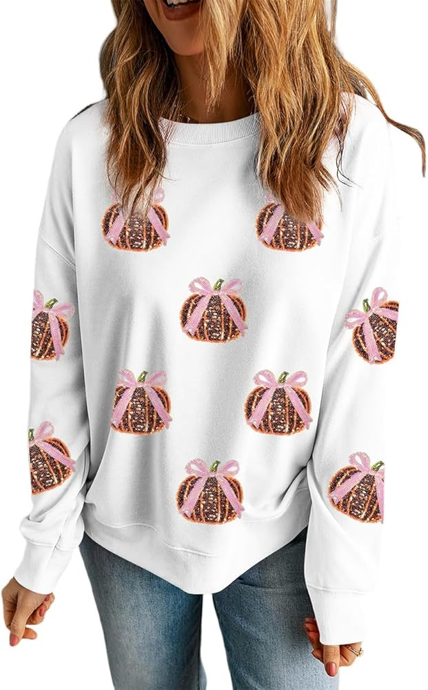 Ecosunny Women's Casual Holiday Game Day Sweatshirt Sequin Print Round Neck Long Sleeve Loose Pul... | Amazon (US)