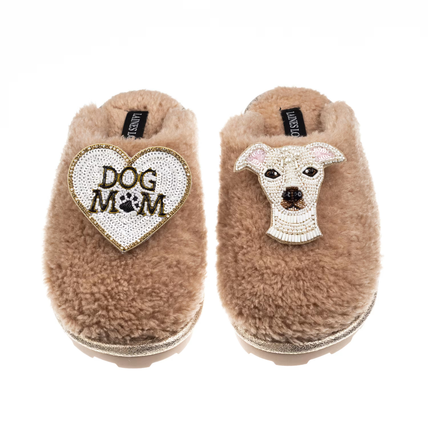 Teddy Closed Toe Slippers With Olive The Italian Greyhound & Dog Mum / Mom Brooches - Toffee | Wolf & Badger