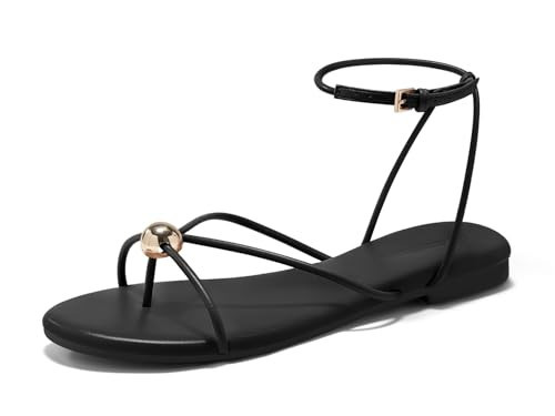 Coutgo Womens Strappy Flat Sandals Open Toe Flip Flops Sandals Ankle Strap Summer Beach Shoes, Black, size 9.5 | Amazon (US)