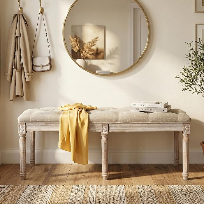 Tufted Dining Bench French Vintage Fabric Upholstered Wood Dining Room Bench Rustic Entryway Benc... | Amazon (US)