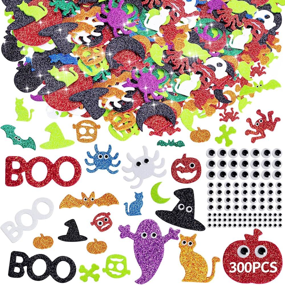 Halloween Foam Stickers 300Pcs, 200 Self-Adhesive Foam Glitter Sticker & 100 Wiggle Eyes, Pumpkin... | Amazon (US)