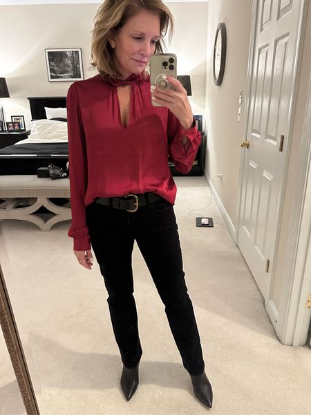 Gorgeous mulberry relaxed fit blouse with black jeans and an awesome wide belt. Stiletto boots to pull it all together


#LTKover40 #LTKsalealert