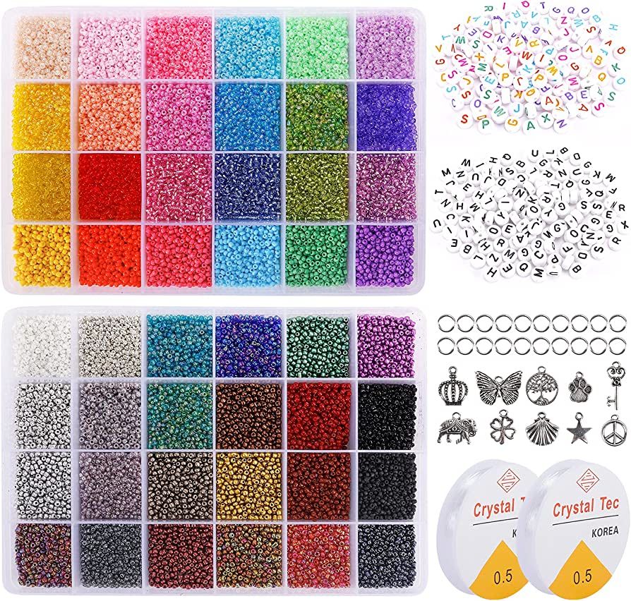 Quefe 38000pcs 2mm 12/0 Glass Seed Beads Kit for Jewelry Making,48 Colors Bracelet Beads with Let... | Amazon (US)