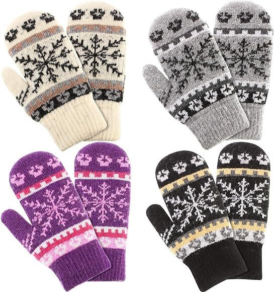 SATINIOR 4 Pairs Unisex Winter Knit Mittens Snowflake Faux Sherpa Lined Full Fingers Gloves Chris... | Amazon (US)