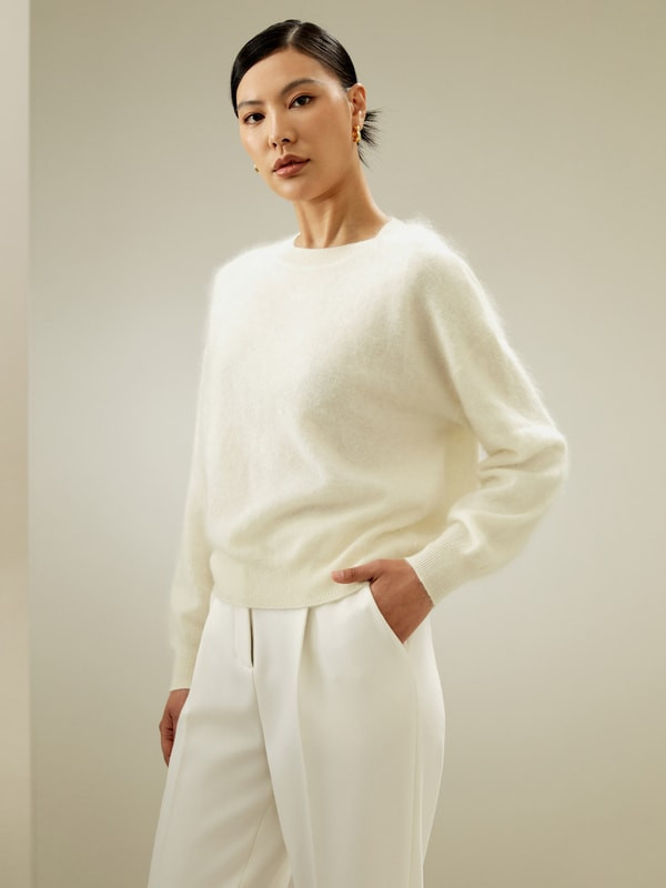 LILYSILK Womens Cashmere Pullover - White Brushed Texture - Warm Drop Shoulder Sweater M | LILYSILK