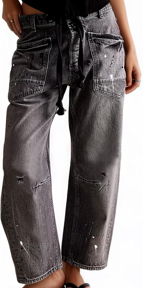 Womens Pull-On Barrel Jeans Mid-Low Rise Boyfriend Drawstring Ankle Baggy Elastic Waist Stretchy ... | Amazon (US)