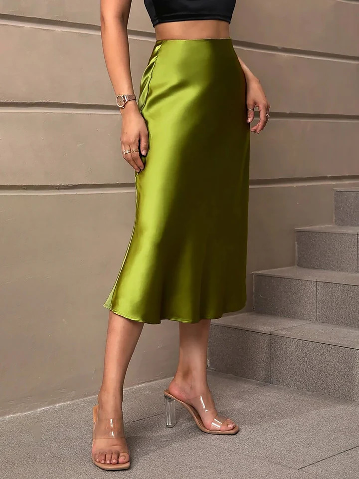 Solid Color Satin Fishtail Midi Skirt | allegra-k