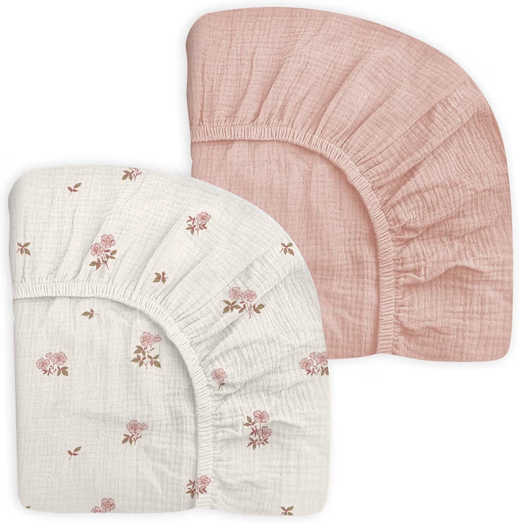Crib Sheets for Baby Boy Girl 2 Pack, Fitted Crib Mattress Sheet 28" x 52", Muslin Toddler Bedding with Neutral Style, Nursery Bedding Essentials (Vintage Blossom & Pink) | Amazon (US)