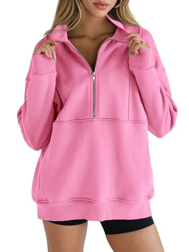 Fisoew Women's Oversized Warm Sweatshirts Half Zip Fleece Thumb Hole Long Sleeve Pullovers with Pockets Pink | Amazon (US)