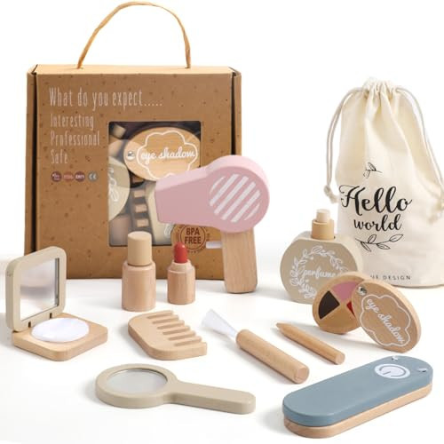 OESSUF Wooden Makeup Toy Sets for Girls, Toddlers Fake Makeup Kit, Pretend Wood Beauty Salon Toys for Kids Little Girls Princess, Christmas Birthday Gift Toy for 3 4 5 6 7 8 9 10 Year Old | Amazon (US)
