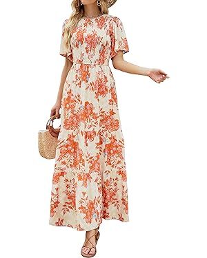 ZESICA Women's 2024 Summer Casual Floral Print Short Flutter Sleeve Crew Neck Smocked High Waist ... | Amazon (US)