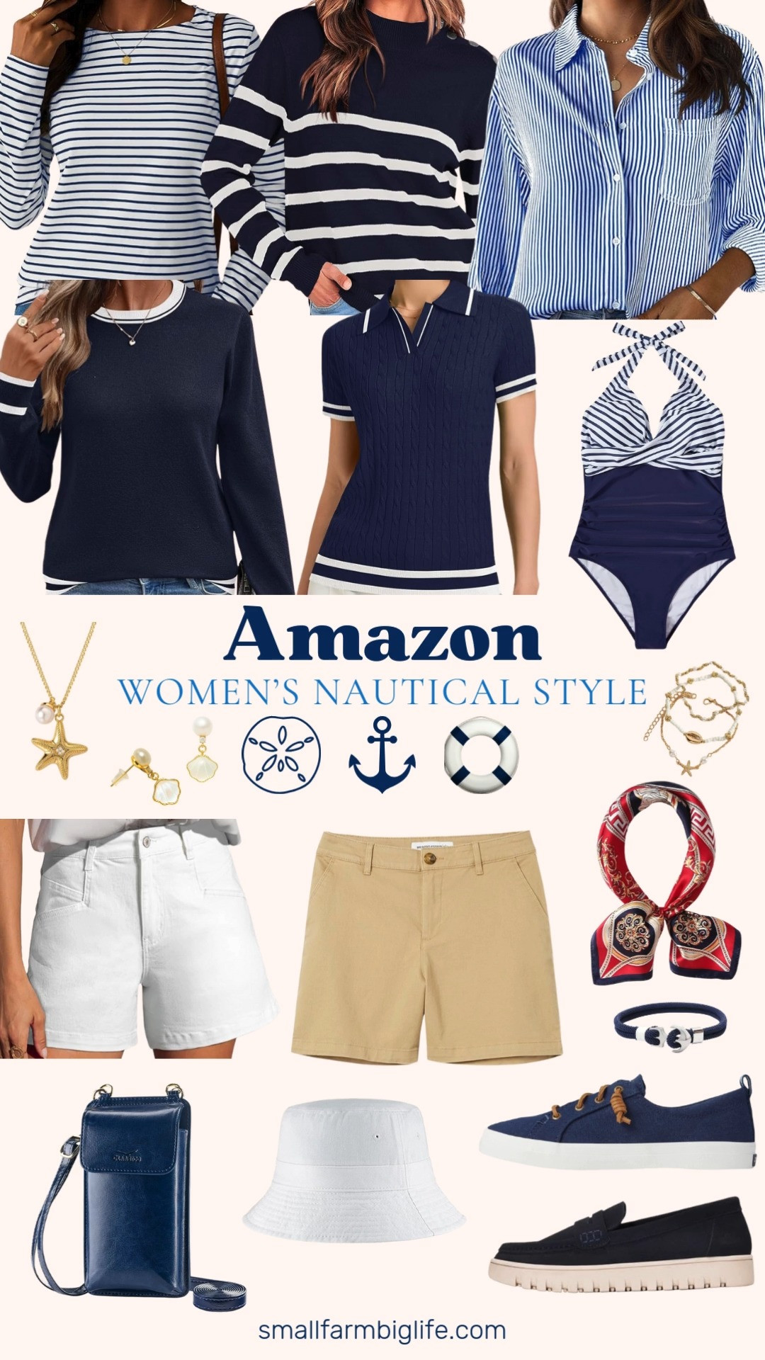 Classic coastal style with a fresh, easy feel ⚓️🤍 Loving these women’s nautical style finds from Amazon! Blue and white striped sweaters and button front shirts, white and khaki shorts, blue canvas sneakers, and loafers for everyday wear. Finished with the cutest details like a gold starfish necklace, pearl earrings, a nautical silk scarf, blue cell phone purse, and a timeless blue and white one piece swimsuit for effortless seaside vibes 🌊✨ 

 #LTKootd #LTKOver40 #LTKFindsUnder50
