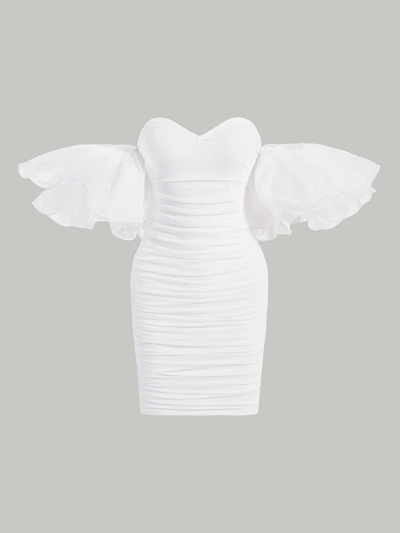 SHEIN MOD Off Shoulder Exaggerated Ruffle Trim Ruched Mesh Bodycon Dress | SHEIN