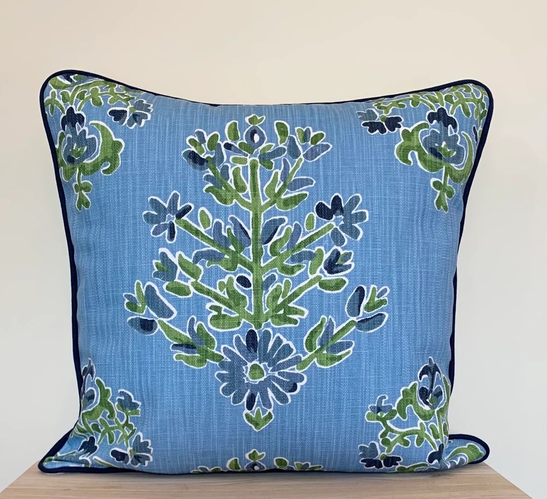 Blue and Green Block Print Floral Pillow Cover Lacefield - Etsy | Etsy (US)