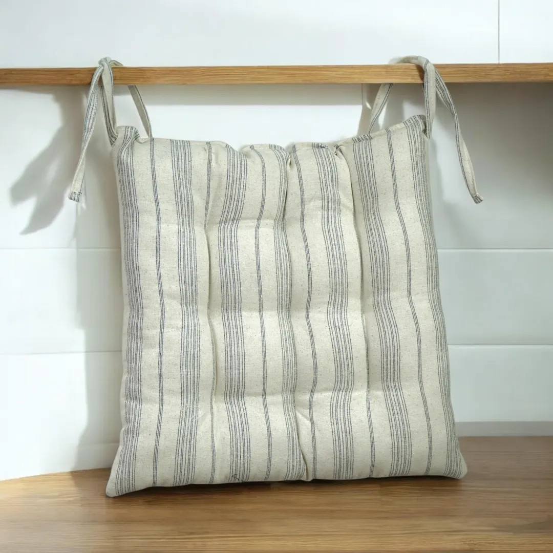 Striped Cotton Linen Chair Cushion With Ties: Farmhouse Seat Pad - Etsy | Etsy (US)