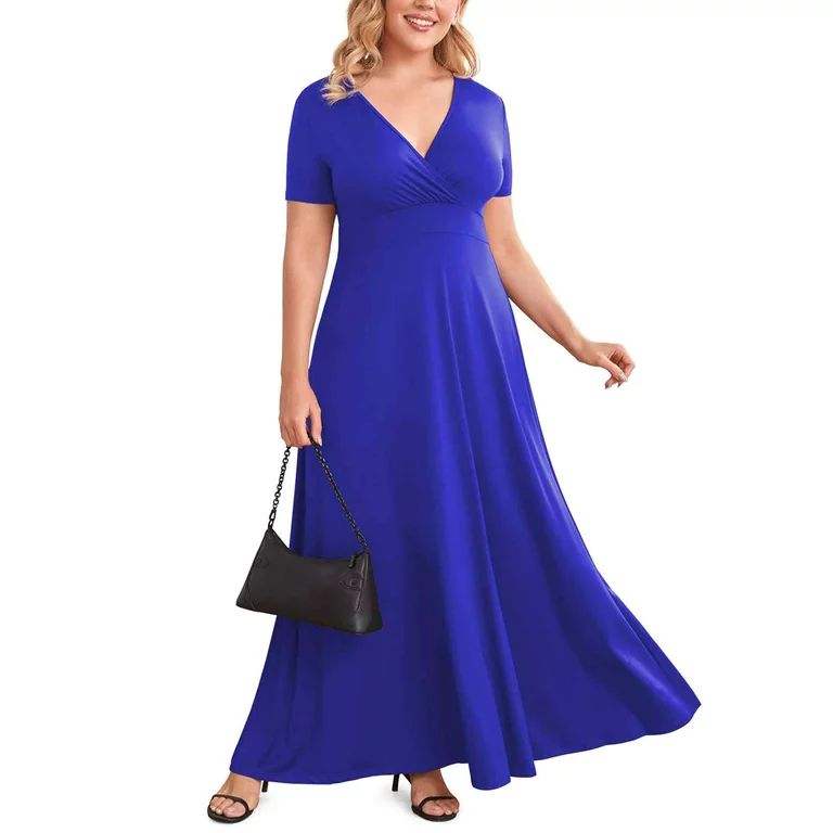 POSESHE Women Plus Size V Neck Short Sleeve Evening Dress, Elegant Party Maxi Dress | Walmart (US)