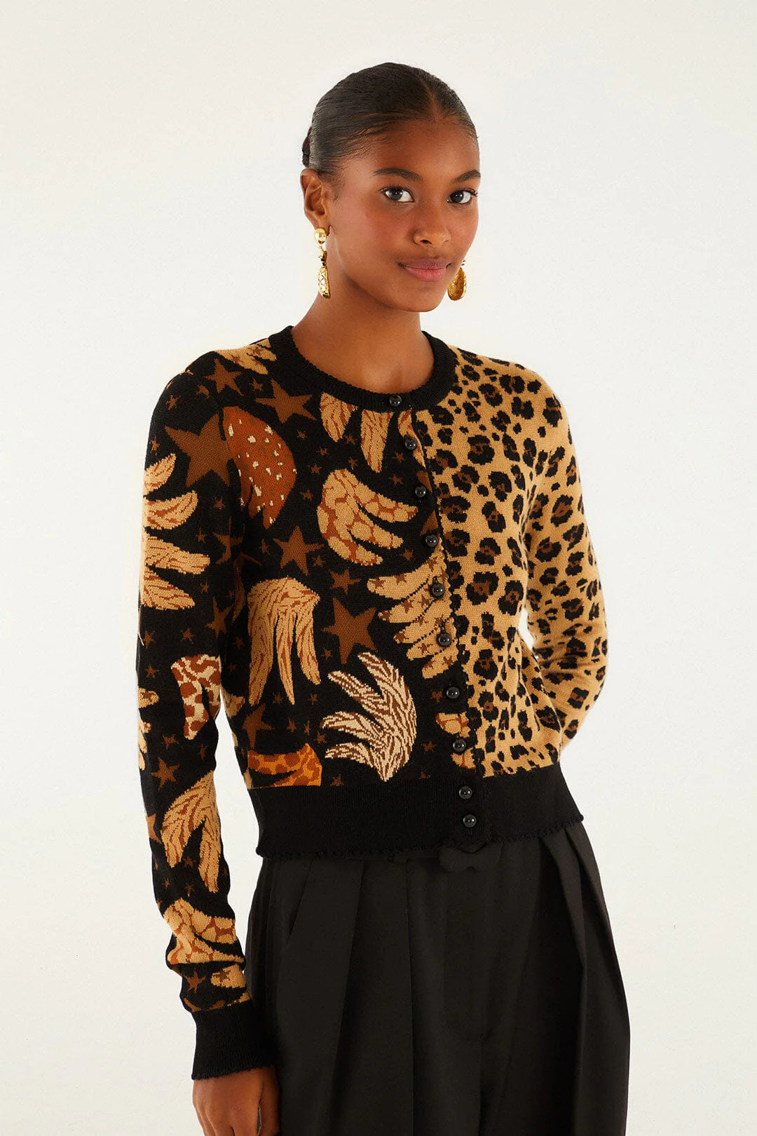 Mixed Banana Leopard Buttoned Cardigan, BANANA SKY BLACK / XS | FarmRio (US)