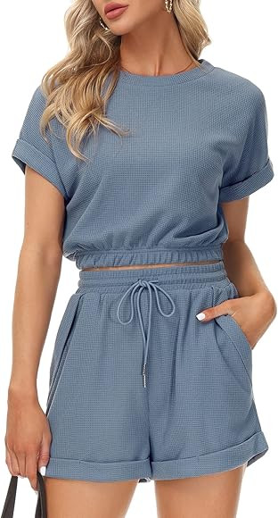 Women 2 Piece Pajamas Set Waffle Knit Short Sleeve Top and Shorts Loungewear Athletic Tracksuits wit | Amazon (US)