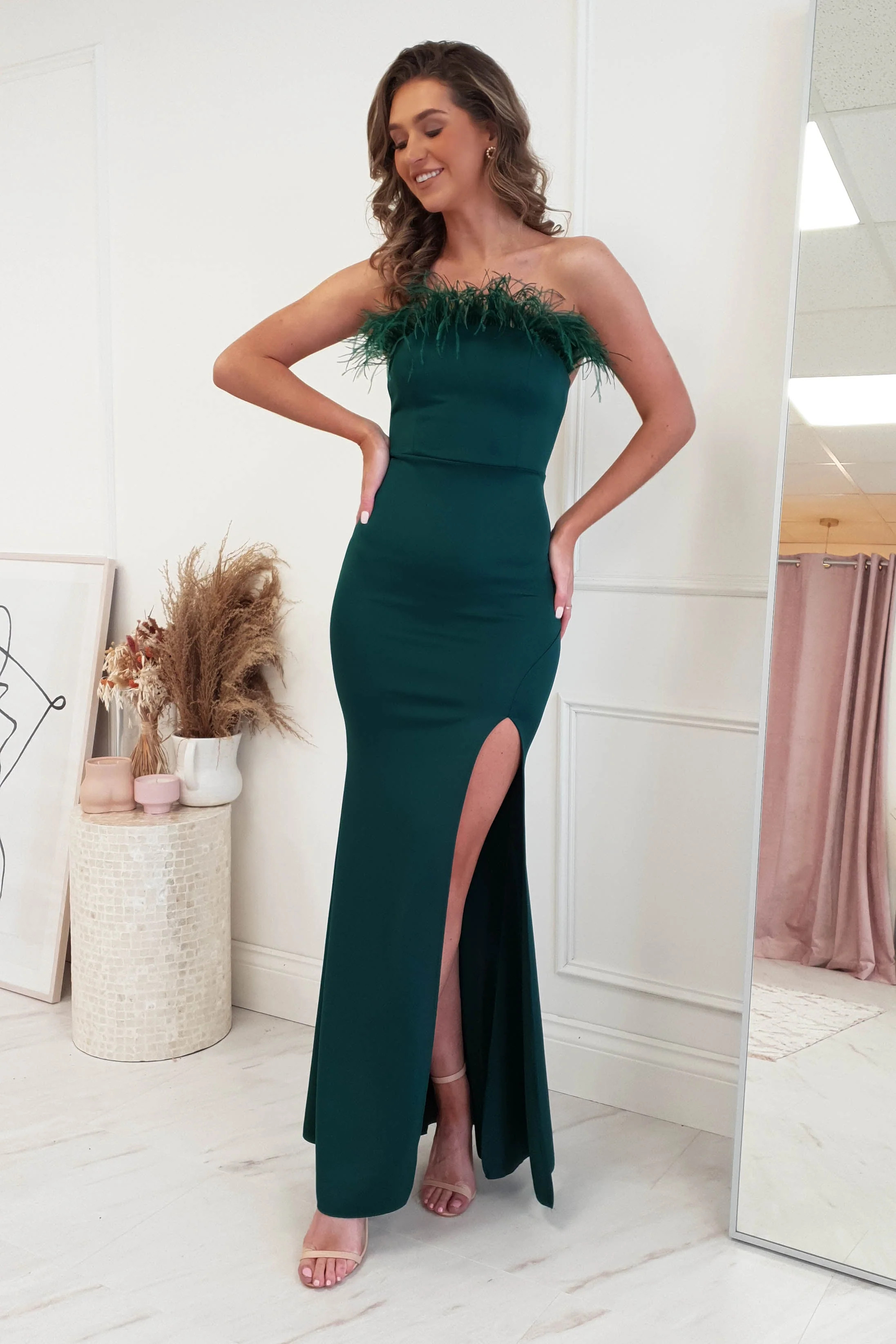 Nalani Feather Detail Gown | Forest Green | Oh Hello Clothing