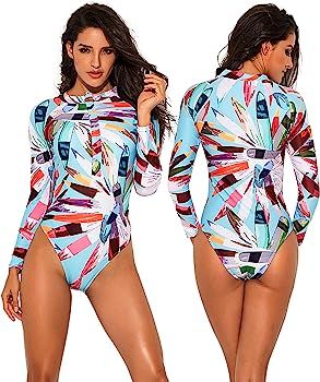 Women's Fashion Printing Rashguard Long Sleeve Zip UV Protection Print Surfing Swimsuit Swimwear ... | Amazon (US)