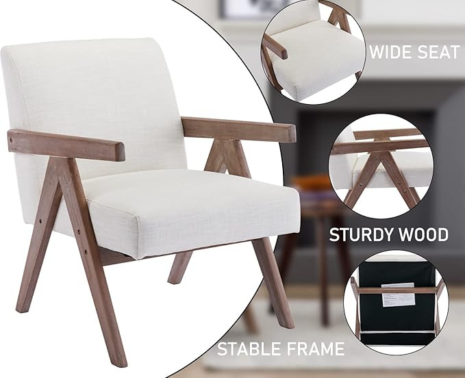 Kmax Beige Accent Chair Linen Fabric Mid Century Modern Living Room Chair Wood Frame for Guest Ro... | Amazon (US)